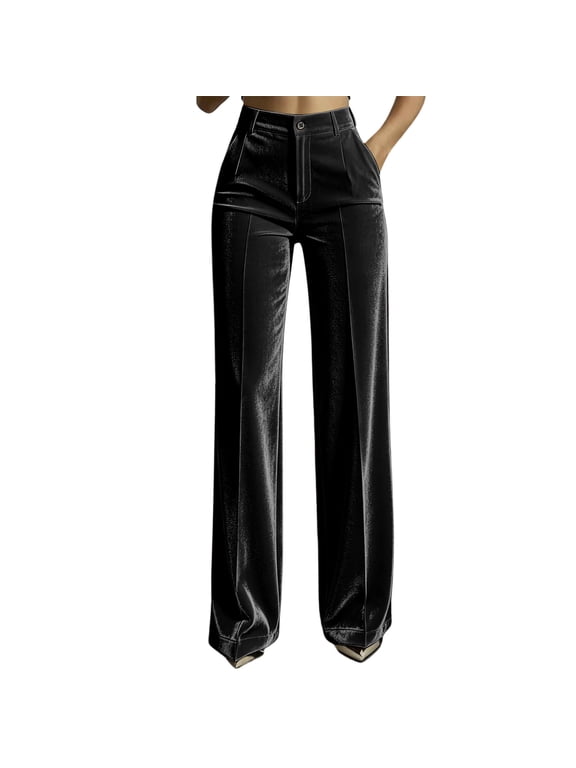 Women's Velvet High Rise Pleated Wide Leg Work Pants with Pockets,Zip Button Fly Dressy Trousers For Women, Fall Semi Formal Bottoms for Parties and Evening Gatherings, Sizes S-3XL
