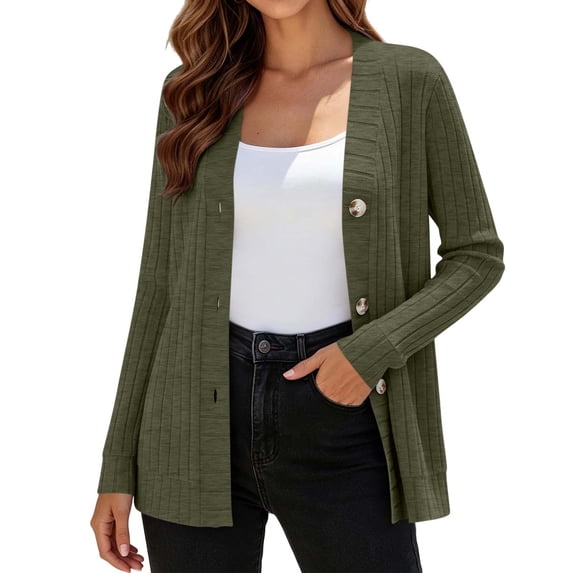 Vivianyo HD Women's Vertical Rib Knit Cardigan Sweater, Womens V Neck Long Sleeve Top with Three Button for Indoor Outdoor Layering Wear, Sizes S-2XL