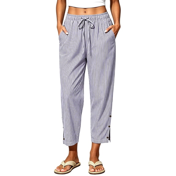 Vivianyo HD Women's Vertical Stripe Drawstring Elastic Waist Long Pants, Womens Summer Lightweight Straight Leg Trousers with Side Button Split for Travel Vacation Casual Wear, Sizes S-3XL