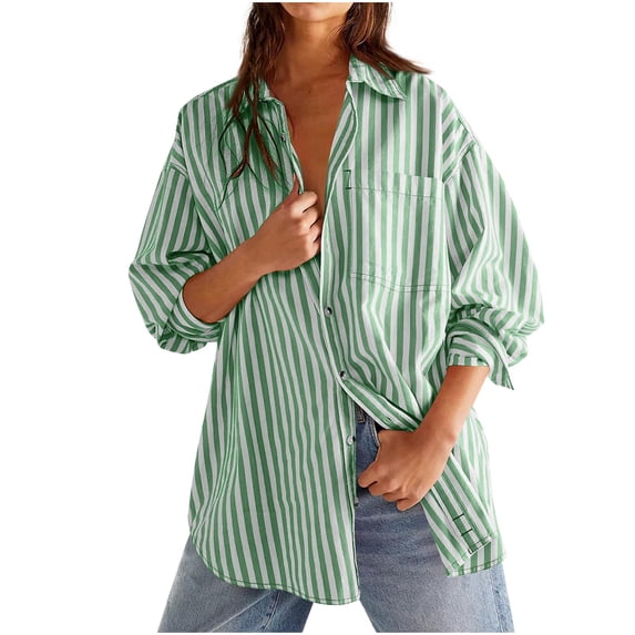 Vivianyo HD Women's Vertical Stripe Oversized Button Down Summer Blouse, Womens Pluse Size Casual Collar Long Sleeve Work Blouse with Chest Pocket, Women's Green, Sizes S-5XL