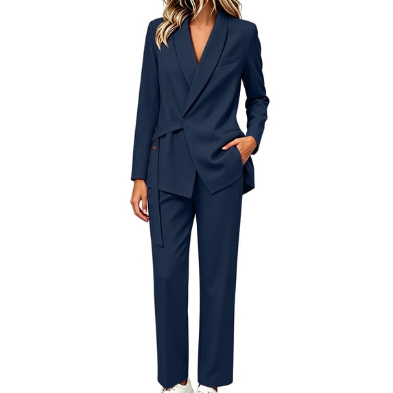Vivianyo HD Women's Waist Tie Belted Lapel Blazer Pant Sets, Wrap Front Long Sleeve Suit Straight Leg Trouser Two Piece Outfits for Women, Women's Navy, Sizes M-5XL