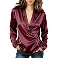 thumbnail image 1 of Vivianyo HD Women's Wrap V Neck Satin Blouses, Irregular Ruched Long Sleeve Solid Casual Silky Tops for Women, Women's Wine, Sizes S-3XL, 1 of 5