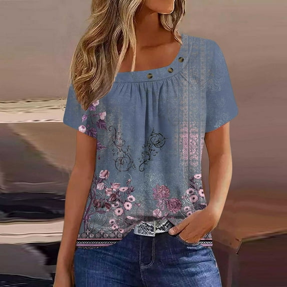 Vivianyo HD Womens Tops Clearance Hide Belly Shirts Summer Pleated Button V Neck T-Shirt Causal Empire Waist A-Line Floral Tunic Tops