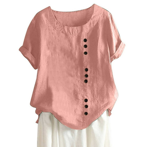 Vivianyo HD Womens Tops Summer Fashion Casual Loose Solid Color Round Neck Short Sleeve Tops Buttons Tunic Tops Blouses Tee T-Shirt