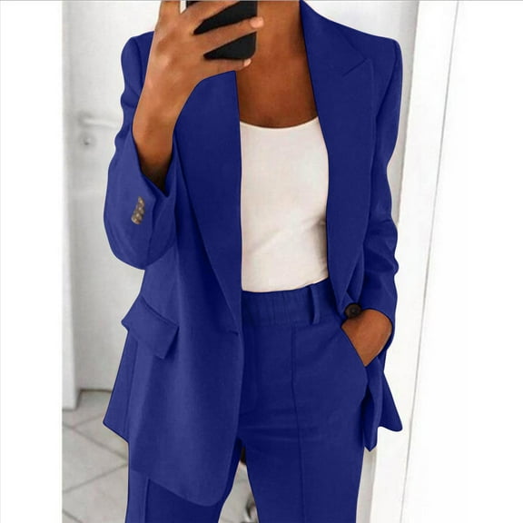 Vivianyo HD womens suit set overall clearance Ladies' Formal Suit, Business Set Women Solid Long Sleeve Tops Cardigan Coat Pockets Elastic Waist Long Pants Suit Sets