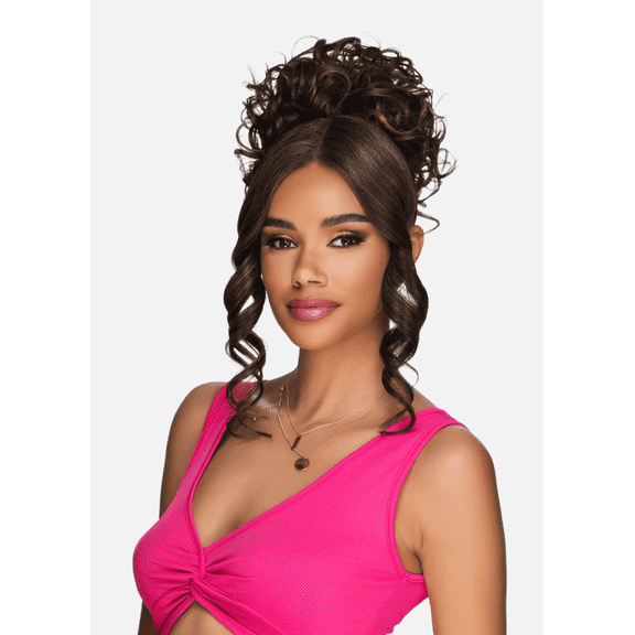 Vivica A. Fox LBPB-Violet, Quick & Easy Lace, Pin Curl with 11 inch long curly lace part bang & bun, Lace Part Bang & Bun Curly Hairpiece, Heat Friendly Synthetic, One Size