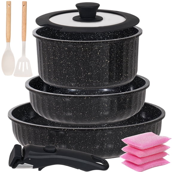 Vivicreate 11-Piece Nonstick Aluminum Pots and Pans Set with Removable Handle, Granite-Inspired Cookware, Induction Compatible, Stackable Design