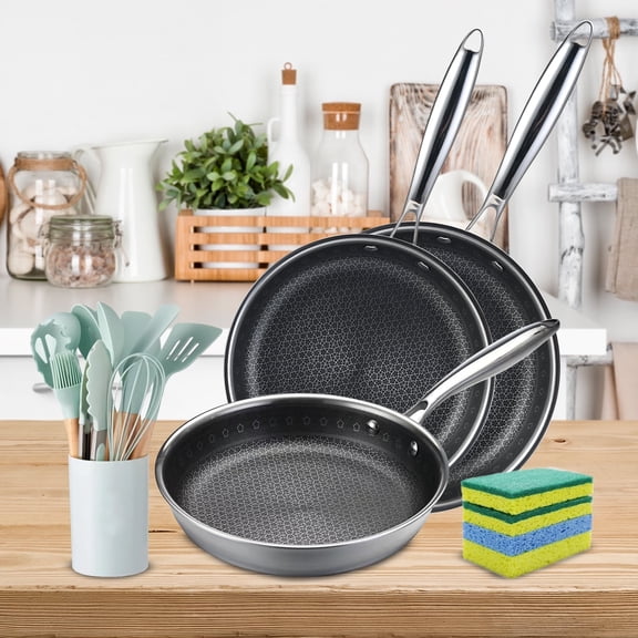 Vivicreate 19-Piece Tri-Ply Stainless Steel Frying Pan and Kitchen Utensil Set, Honeycomb Design, Gas & Induction Compatible, Silver