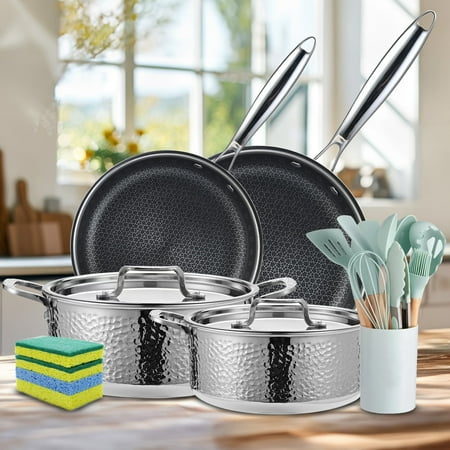 Vivicreate 20-Piece Stainless Steel Cookware Set, Pots and Pans with Stock Pot, Frying Pans, Utensils and Sponges, Induction and Gas Compatible, Dishwasher Safe