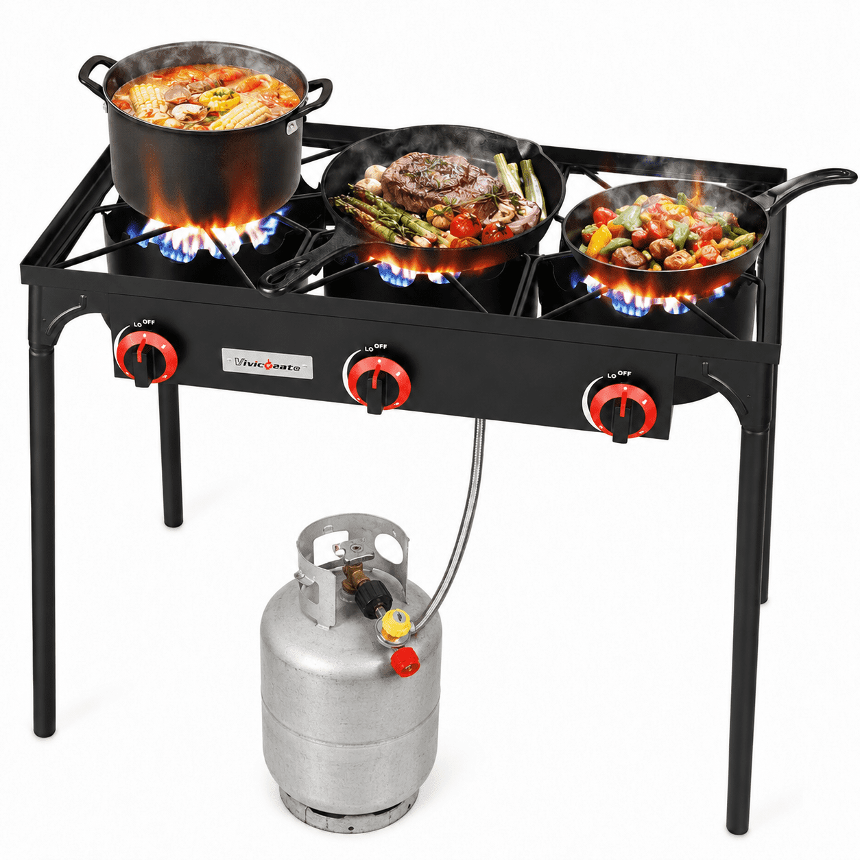 Vivicreate 3Burner Propane Stove, 105000 BTU Outdoor Camping Stove with Cast Iron Burners and Stable Legs for Outdoor Cooking