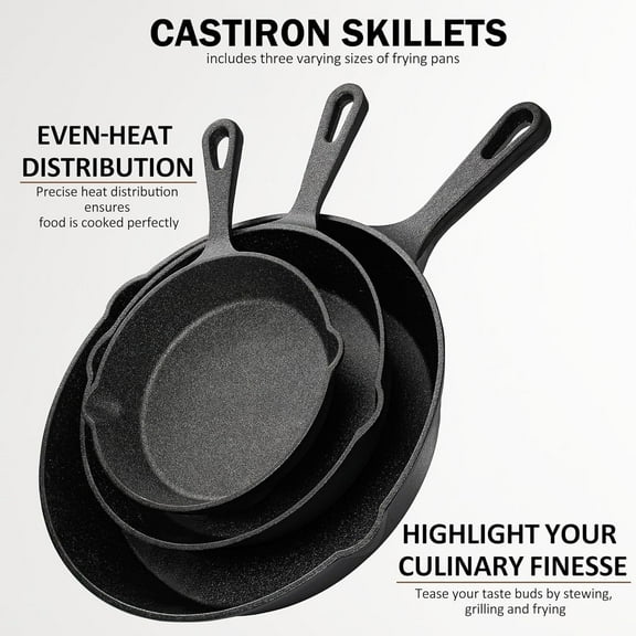 Vivicreate 3-Piece Cast Iron Skillet Set, Pre-Seasoned, 6/8/10 Inch Frying Pans, Black