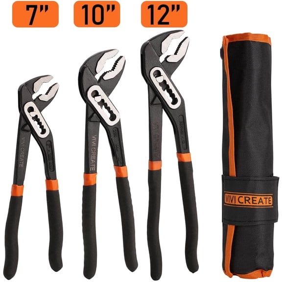 Vivicreate 3-Piece Adjustable Groove Joint Pliers Set (7/10/12 in), Quick-Adjust Push-Button, Heavy Duty CR-V Steel with Non-Slip Ergonomic Handles
