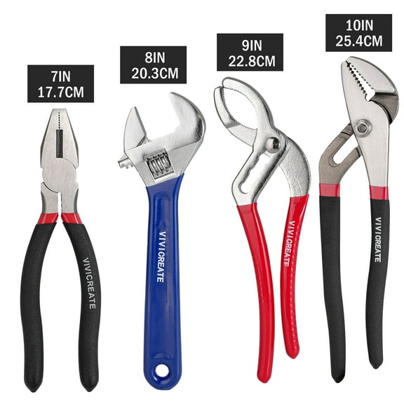 Vivicreate 4-Piece Pliers and Adjustable Wrench Set, Heavy Duty Cr-V Steel Tools with 7" Linesman, 8" Adjustable Wrench, 9" Water Pump and 10" Groove Joint Pliers for Home, Garage, and Auto Repairs