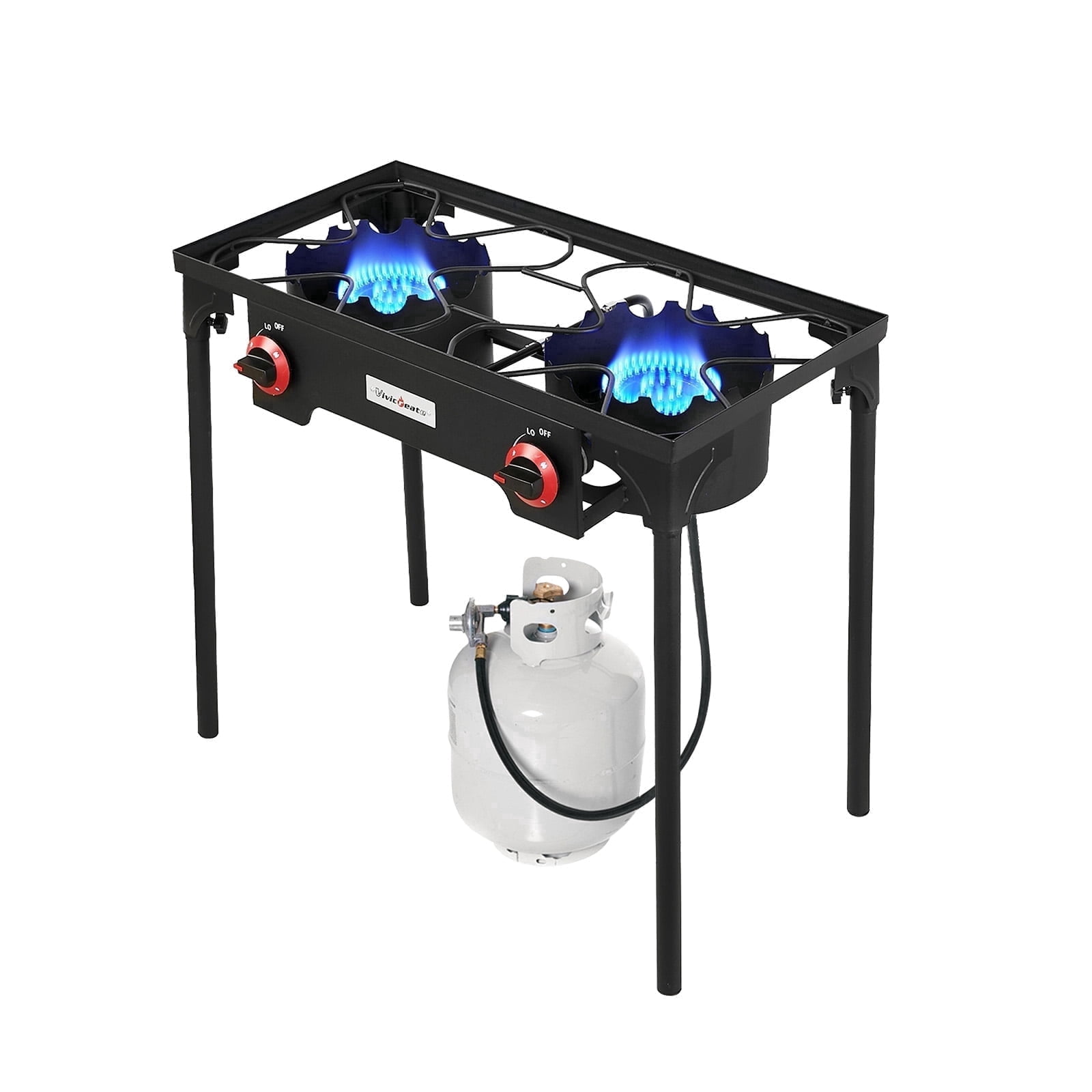 Vivicreate Double Burner Propane Stove, Cast Iron Outdoor Gas Cooker with Regulator Hose, Portable Camping Stove for BBQ, Tailgating, Seafood Boil
