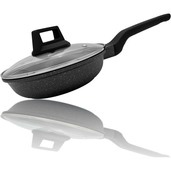 Vivicreate Cast Aluminum Deep Fry Pan with Lid, Marble Color Non-stick Coating, Stainless Steel Bottom, Long Handle with Rubber Coating, European Style Deep Fry Pan, Dishwasher Machine (11 INCH)