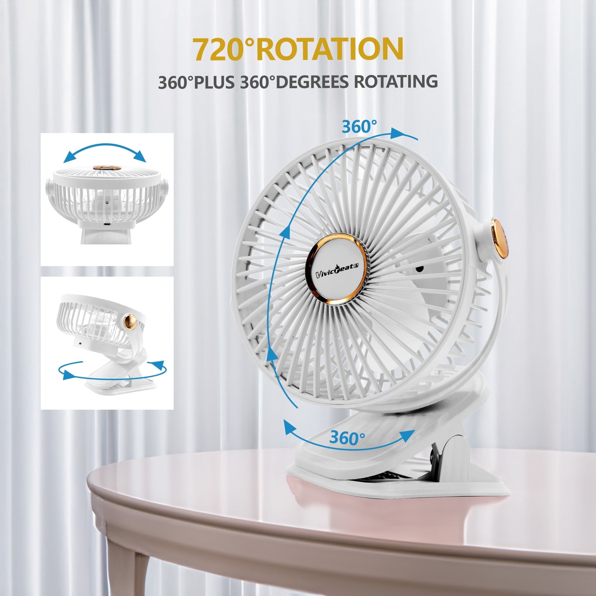 Vivicreate Portable Clip-on Rechargeable Fan 1200mAh 5 Speeds Ultra-Quiet 360 Rotation, Personal Desk & Table Cooling Fan, White