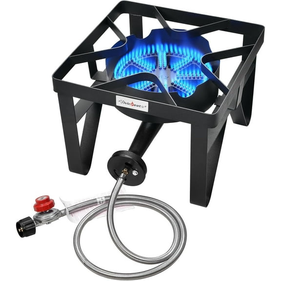 Vivicreate Propane Gas Stove, 185000 BTU High Pressure Outdoor Camping Stove with Regulator, Cast Iron Burner, CSA Listed Regulator and Gas Hose,Black (Normal)