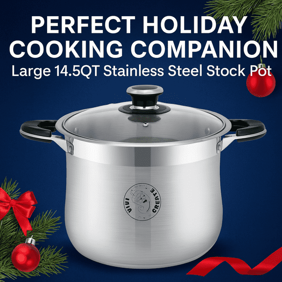 Vivicreate Stainless Steel Stock Pot, 14.5 Quart, Heavy Duty Induction Compatible, Tri-ply Bottom with Glass Lid