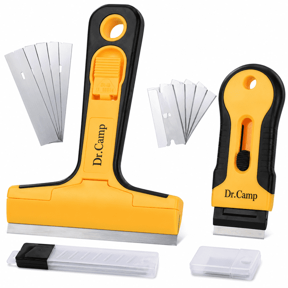 DR.Camp 2Pcs Razor Blade Scraper Set, Window Glass Scraper Tool for Sticker, Paint, Caulk, Adhesive, Label Removal, Yellow