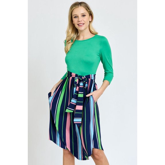 Vivid 3/4 Sleeve Multi Color Stripe Sash Midi Dress | S-3X