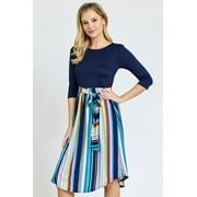 Vivid 3/4 Sleeve Multi Color Stripe Sash Midi Dress | S-3X