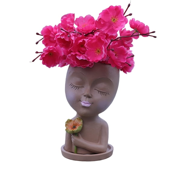Vivid Appearance Stable Base Planters Pot with Drainage Holes Cute Girls Head Face Shape Resin Flower Pot Home Supplies-Brown