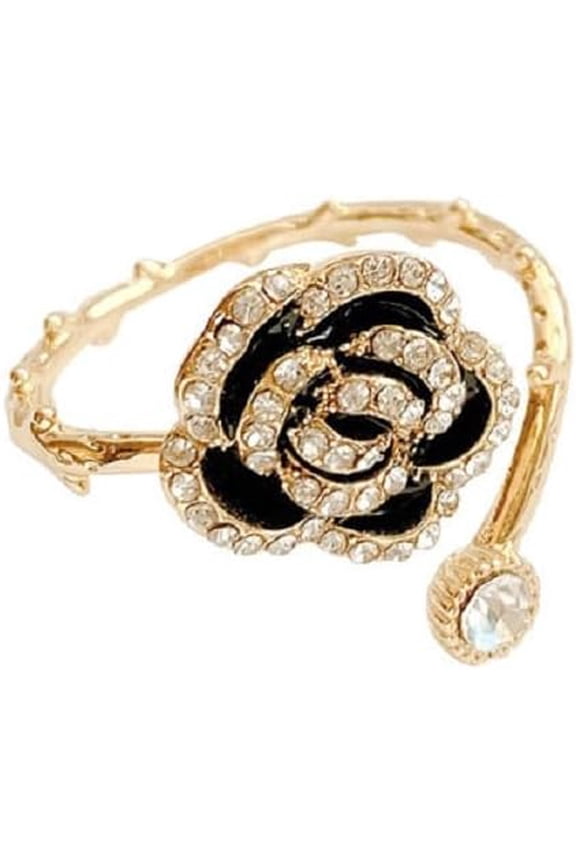 Vivid Black Rose Flower Open Statement Rings for Women CZ Crystal Blooming Wrap Finger Band Engagement Wedding Stacking Ring
