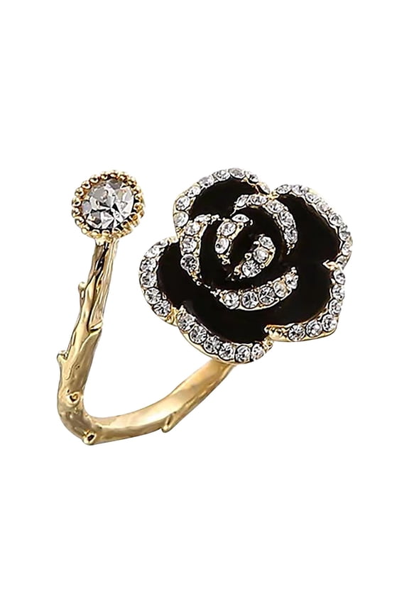 Vivid Black Rose Flower Open Statement Rings for Women Crystal Blooming Wrap Finger Band Engagement Wedding Stacking Ring for Mother's Day Gift