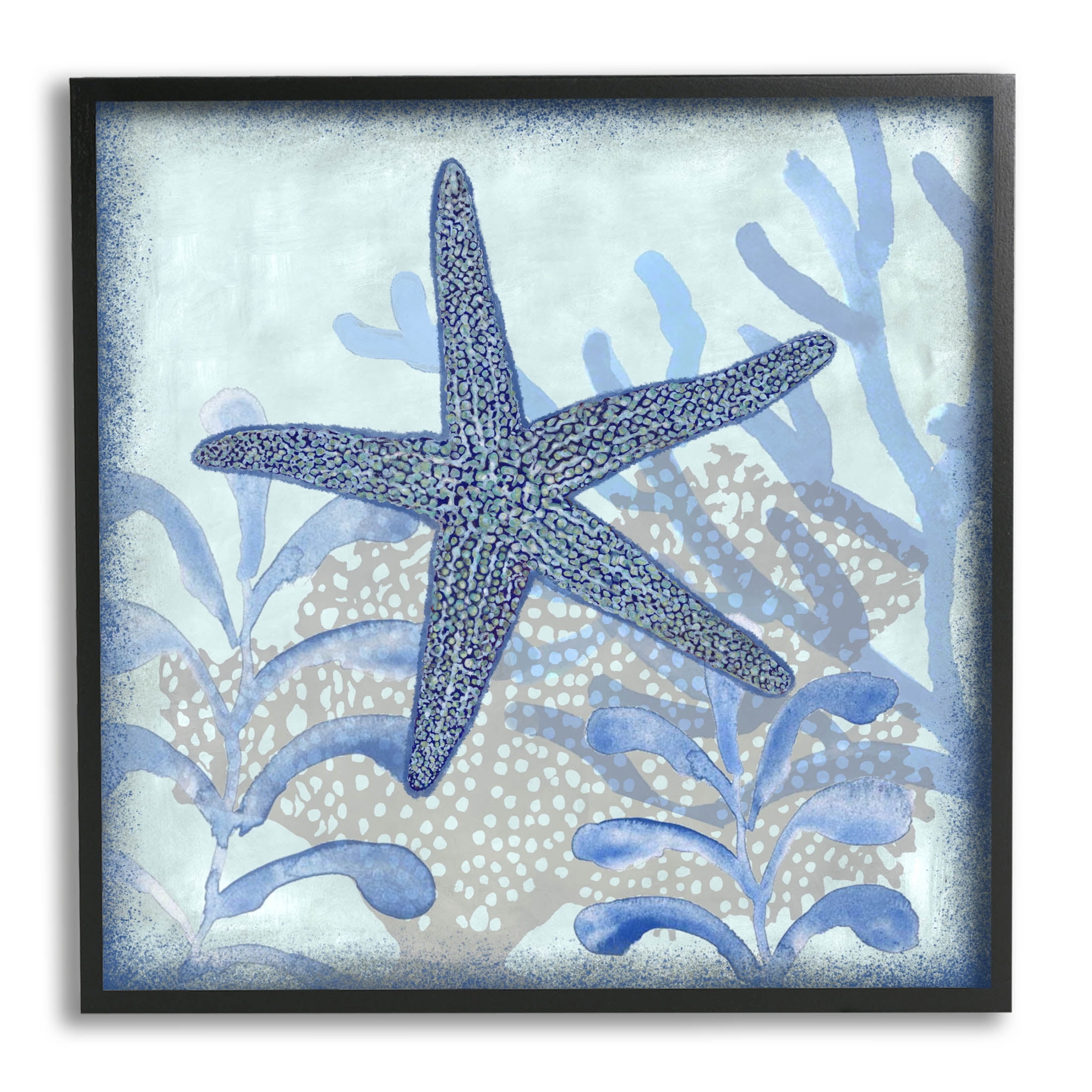 Symmetrical Coastal Blue Starfish Print on Canvas with Black Wood Frame
