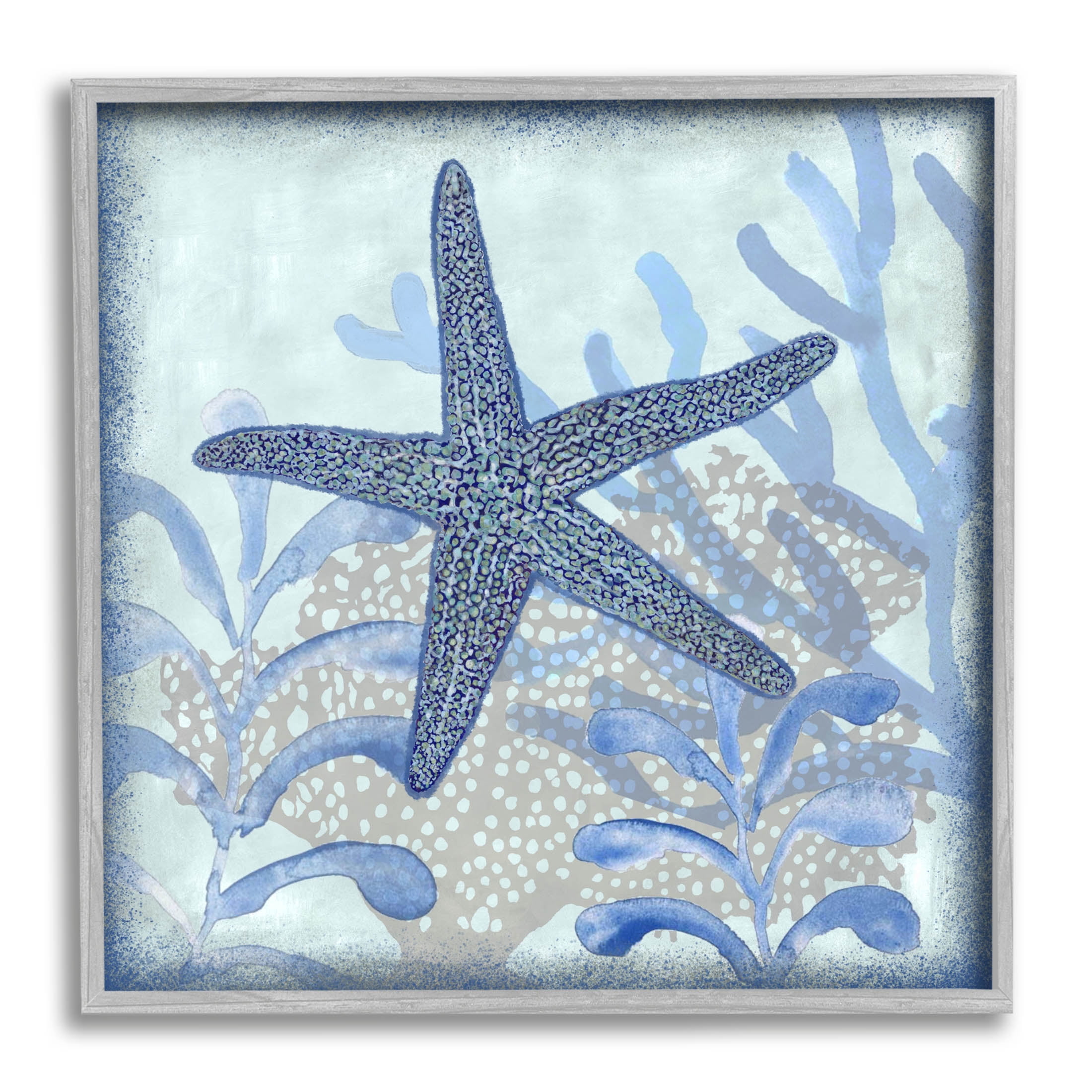 Vivid Blue Starfish Marine Life Canvas Print with Gray Frame