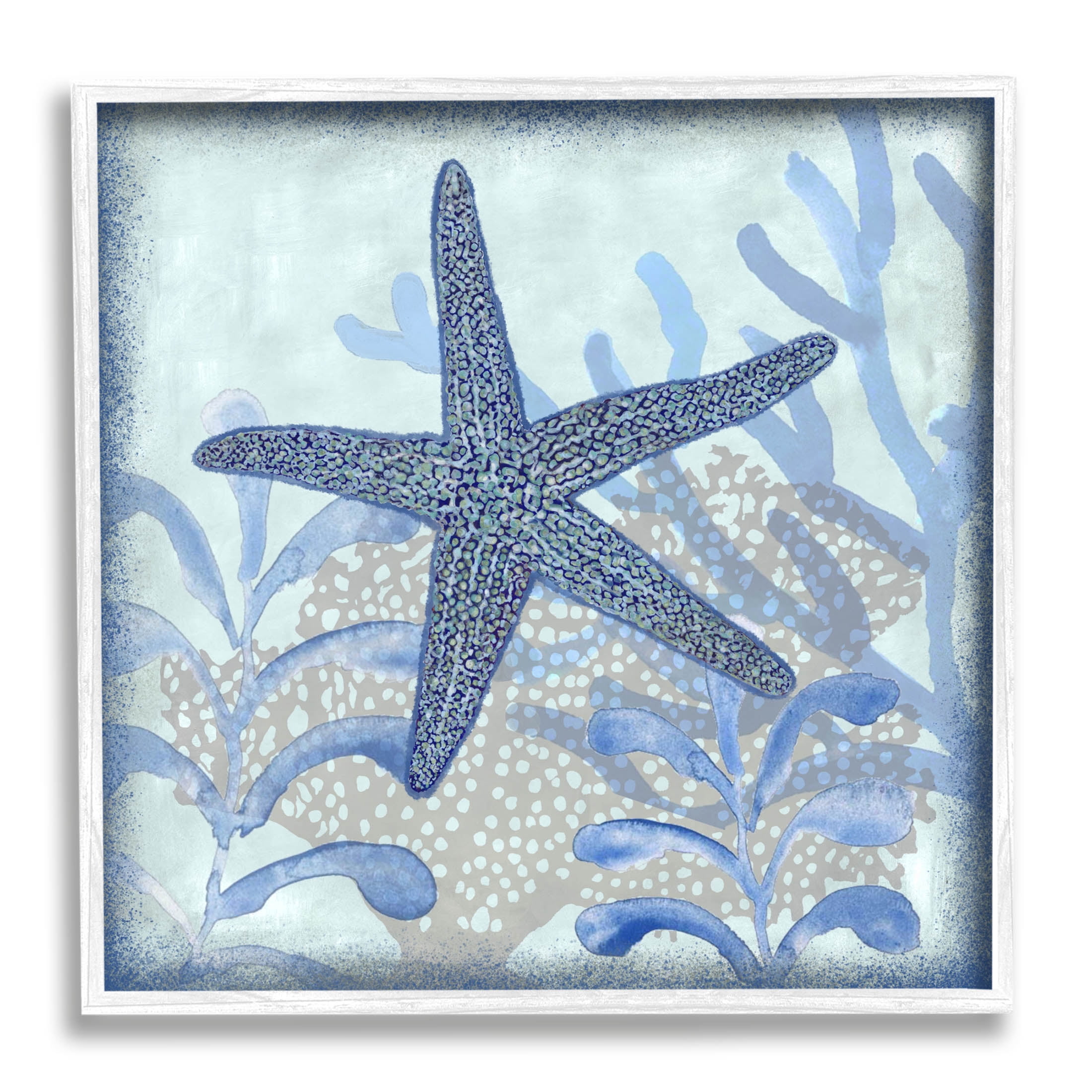Vivid Blue Starfish Coastal Canvas Print with White Wood Frame