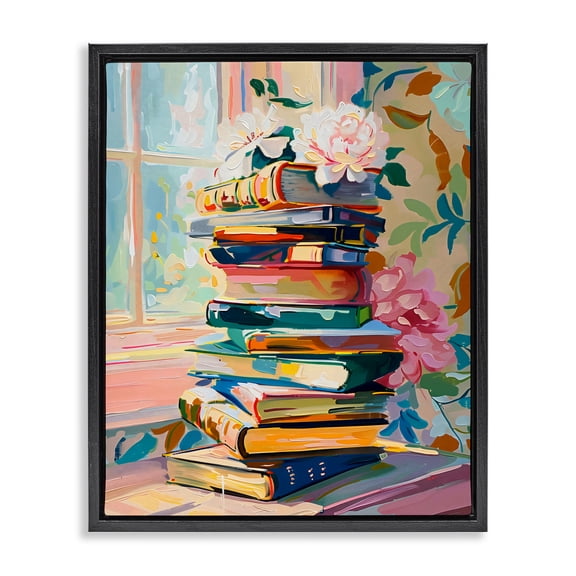 Stupell Industries Vivid Bookstack by Window Black Framed Floater Canvas Wall Art, design by Arlington Prints, 21 x 17