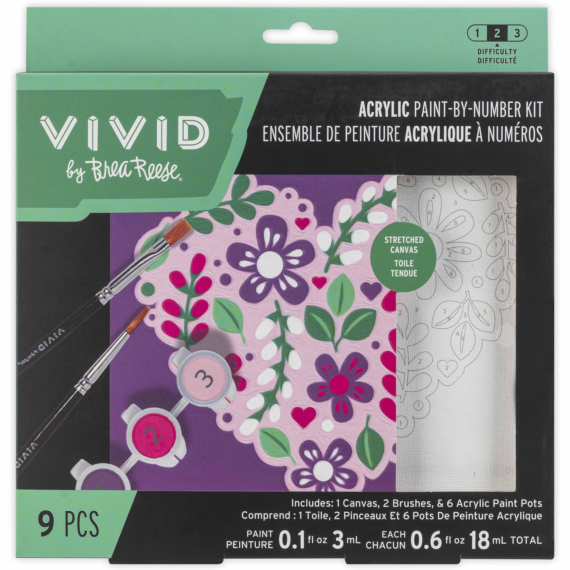 Vivid by Brea Reese: Acrylic Mini Paint-By-Number Kit – Flower Heart - 6 x 6" Canvas, 6 Paint Pods, 2 Brushes, Purple-Pink-Green Colors, DIY Art Craft