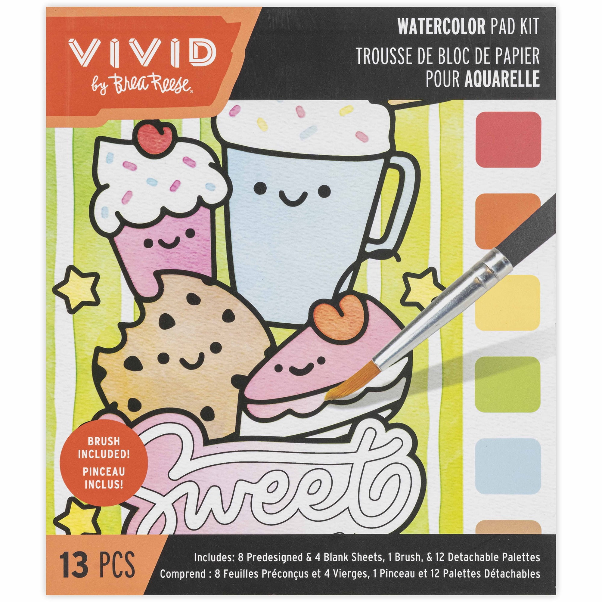 Vivid by Brea Reese: Watercolor Pad Kit - Kawaii Food - 8 Playful Food & Dessert Designs, 4 Blank Sheets, 12 Detachable Paint Palettes, Brush, DIY Art