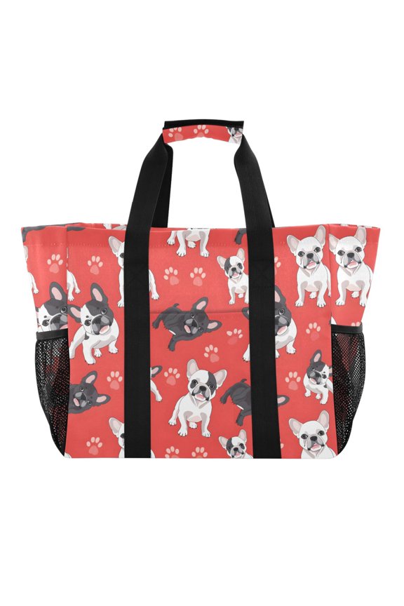 Vivid Bulldog and Paw Prints Reusable Grocery Bags with Handle Side Pocket Waterproof Shopping Portable Tote