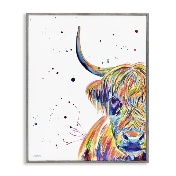 Stupell Industries Contemporary Vivid Cattle Face Farm Animal Gray Framed Giclee Art, 11 x 14, by Jen Seeley