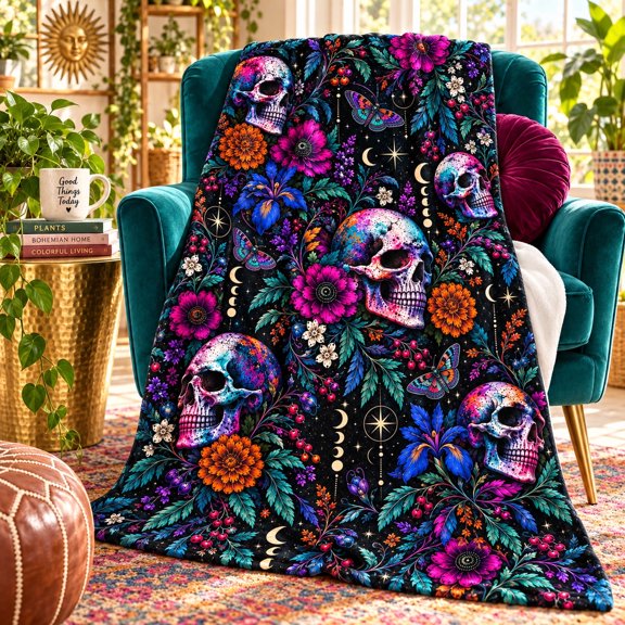 Vivid Celestial Bloom Blanket, Black Flannel Throw with Jewel-Tone Flowers, Moth Accents and Moon Phase Artwork for Sofa, Bed or Reading Chair, 30 x 40 in