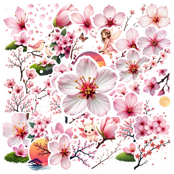 Vivid Cherry Blossom Stickers, Waterproof Cherry Blossom Sticker for Water Bottle Laptop Phone Cases Planner Skateboard Luggage Helmet Party Favor Decor, Ideal for Adults Teens Teacher Rewards