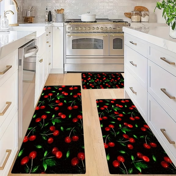 Vivid Cherry Kitchen Mat, Fruit Design Flannel Material Soft Non-Slip, for Kitchen Bathroom Living Room Dining Bedroom Floor Decor Rug