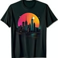 thumbnail image 1 of Vivid Cityscape Graphic Black T-Shirt with Sunset Design Bold Urban Art, 1 of 5