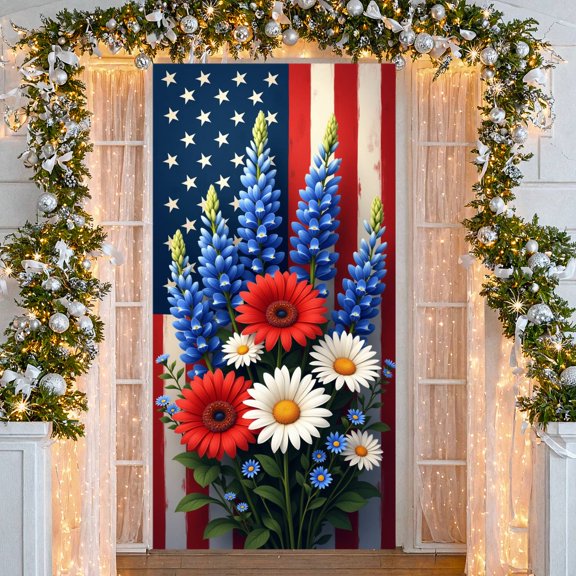 Vivid Color 4th of July Banner Red & Blue Color Scheme Patriotic Backdrop Floral Decor Stars and Stripes Background American Holiday Background for 4th of July Party Patriotic Celebration Family