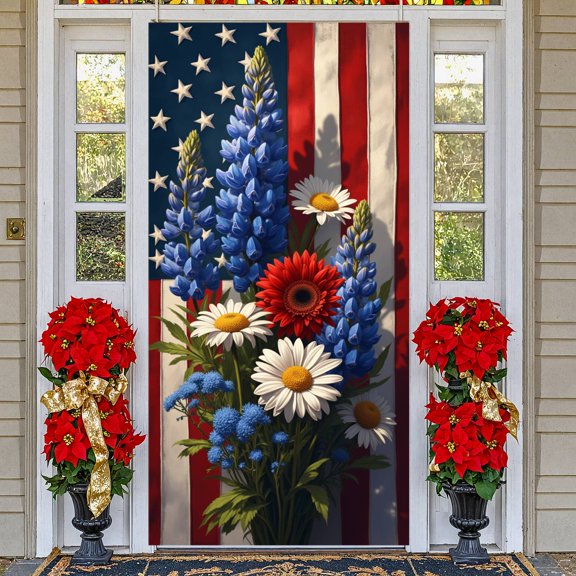 Vivid Color 4th of July Banner Red & Blue Color Scheme Patriotic Backdrop Floral Decor Stars and Stripes Background American Holiday Background for 4th of July Party Patriotic Celebration Family