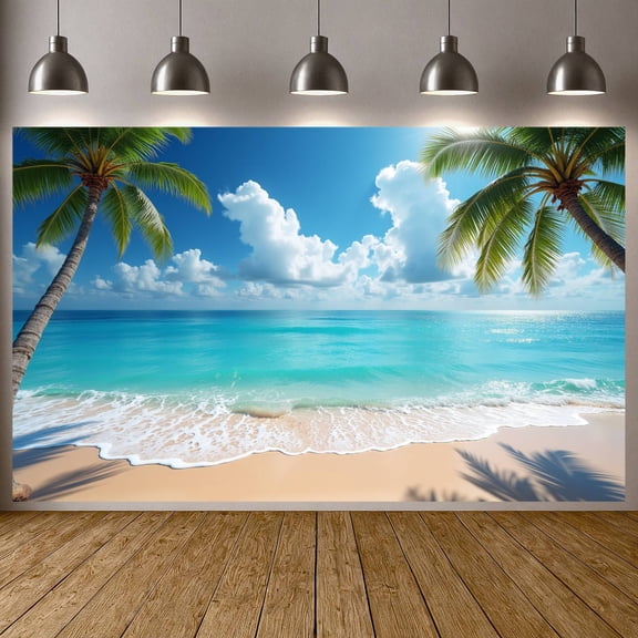 Vivid Color Beach Party Banner Palm Tree Pattern Coastal Backdrop Blue Ocean Themed Sandy Beach Ocean Scene Background for Summer Party Beach Wedding Vacation Photoshoot