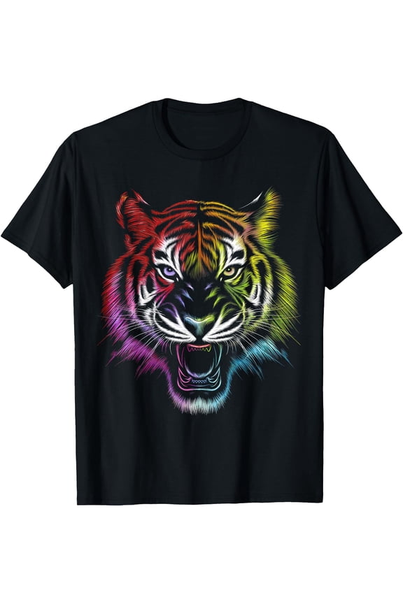Vivid Colorful Roar Fierce Rainbow Tiger Head Art Design T-Shirt