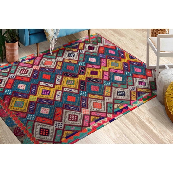 Vivid Colors Rug, Kilim Design Rug, Yellow Rug, Anatolian Rug, Turkish Rug, 3D Printeds Rug, Home Decor Rug, Custom Rug, Colorful Rug, 2.3'x3.3' - 70x110 cm
