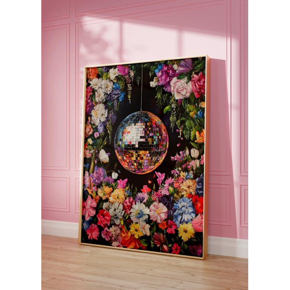 Vivid Disco Ball Art, Maximalist Botanical, Bold Eclectic Wall Decor, Colorful Dopamine Gift, Trendy Kitsch #1705, Unframed Poster Size 12x18