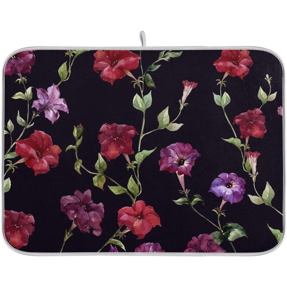 Vivid Floral Dark Dish Drying Mat for Kitchen Counter, Ultra Absorbent Reversible Microfiber Dishes Drying Rack Pad Heat-resistant Mats 18x24 Inch