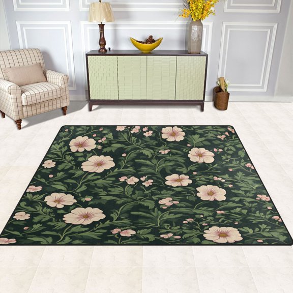 Vivid Floral Design 63''x48'' Plush Memory Foam Bath Mat, Soft, Absorbent, Non Slip, Durable