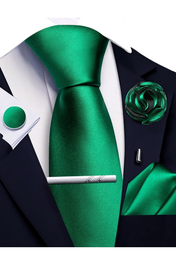 Vivid Green Ties for Men Silk Satin Necktie and Pocket Square Cufflinks Tie Clip Lapel Pin Set Wedding Business 5PCS