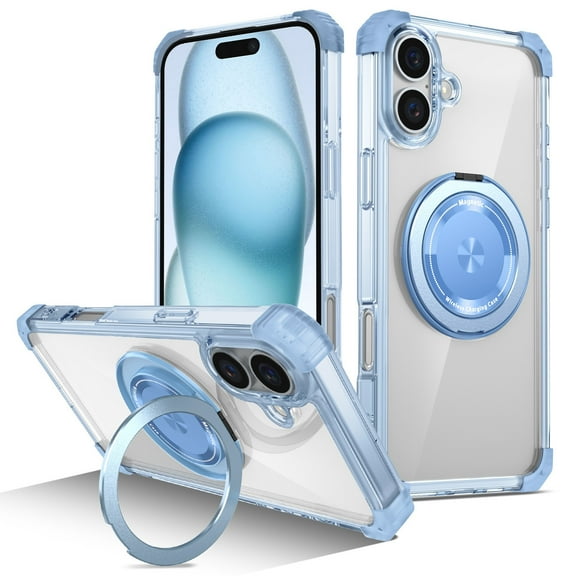 Vivid Hybrid MagSafe Case with Rotating Ring Stand for iPhone 16 - Light Blue